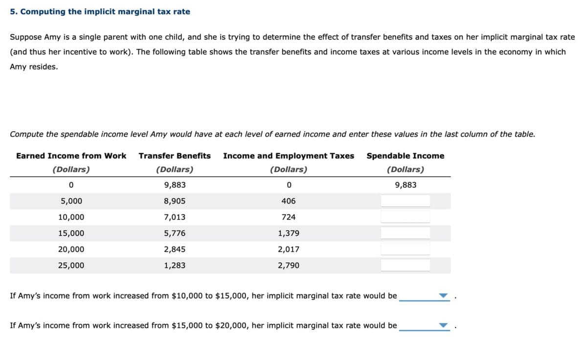 5. Computing the implicit marginal tax rate
Suppose Amy is a single parent with one child, and she is trying to determine the effect of transfer benefits and taxes on her implicit marginal tax rate
(and thus her incentive to work). The following table shows the transfer benefits and income taxes at various income levels in the economy in which
Amy resides.
Compute the spendable income level Amy would have at each level of earned income and enter these values in the last column of the table.
Earned Income from Work Transfer Benefits
Income and Employment Taxes
(Dollars)
(Dollars)
(Dollars)
0
9,883
0
5,000
8,905
406
10,000
7,013
724
15,000
5,776
1,379
20,000
2,845
2,017
25,000
1,283
2,790
Spendable Income
(Dollars)
9,883
If Amy's income from work increased from $10,000 to $15,000, her implicit marginal tax rate would be
If Amy's income from work increased from $15,000 to $20,000, her implicit marginal tax rate would be