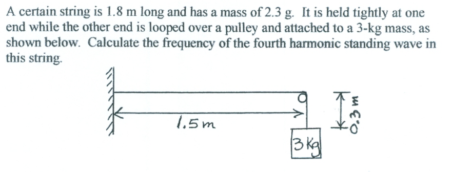 A certain string is 1.8 m long and has a mass of 2.3 g. It is held tightly at one
end while the other end is looped over a pulley and attached to a 3-kg mass, as
shown below. Calculate the frequency of the fourth harmonic standing wave in
this string.
1.5m
