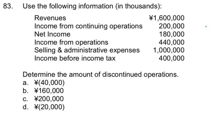 83.
Use the following information (in thousands):
Revenues
Income from continuing operations
Net Income
¥1,600,000
200,000
180,000
Income from operations
440,000
Selling & administrative expenses
1,000,000
Income before income tax
400,000
Determine the amount of discontinued operations.
a. \(40,000)
b. ¥160,000
c. ¥200,000
d. \(20,000)