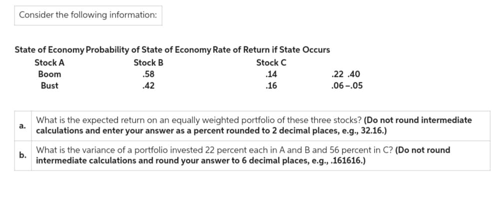 Consider the following information:
State of Economy Probability of State of Economy Rate of Return if State Occurs
Stock A
Stock C
Boom
.14
Bust
.16
a.
b.
Stock B
.58
.42
.22.40
.06-.05
What is the expected return on an equally weighted portfolio of these three stocks? (Do not round intermediate
calculations and enter your answer as a percent rounded to 2 decimal places, e.g., 32.16.)
What is the variance of a portfolio invested 22 percent each in A and B and 56 percent in C? (Do not round
intermediate calculations and round your answer to 6 decimal places, e.g., .161616.)