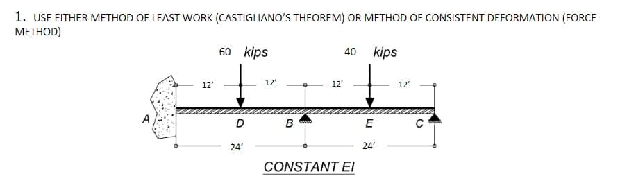 1. USE EITHER METHOD OF LEAST WORK (CASTIGLIANO'S THEOREM) OR METHOD OF CONSISTENT DEFORMATION (FORCE
METHOD)
60 kips
40 kips
A
12'
D
24'
12'
12'
B
CONSTANT EI
E
24'
12'
C