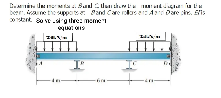 Determine the moments at Band C, then draw the moment diagram for the
beam. Assume the supports at Band Care rollers and A and Dare pins. EI is
constant. Solve using three moment
equations
24kN/m
24kN/m
B
IC
A
-4 m
6 m
4 m
D