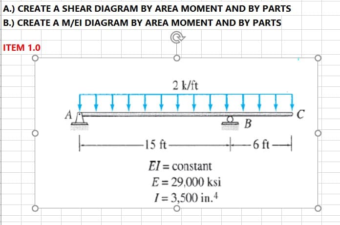 A.) CREATE A SHEAR DIAGRAM BY AREA MOMENT AND BY PARTS
B.) CREATE A M/EI DIAGRAM BY AREA MOMENT AND BY PARTS
ITEM 1.0
2 k/ft
AF
C
В
-15 ft-
-6 ft
EI = constant
E = 29,000 ksi
I = 3,500 in.4
