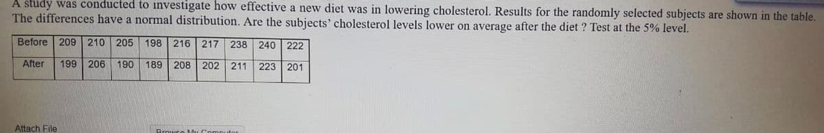 A study was conducted to investigate how effective a new diet was in lowering cholesterol. Results for the randomly selected subjects are shown in the table.
The differences have a normal distribution. Are the subjects' cholesterol levels lower on average after the diet ? Test at the 5% level.
Before 209 210 205 198 216 217 238 240 222
After
199 206 190 | 189 208 202 211 223 201
Attach File
