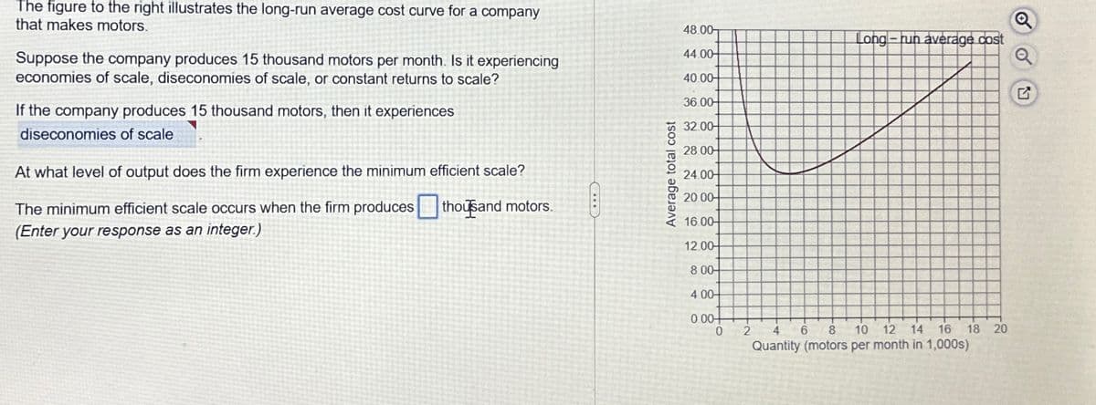 The figure to the right illustrates the long-run average cost curve for a company
that makes motors.
Suppose the company produces 15 thousand motors per month. Is it experiencing
economies of scale, diseconomies of scale, or constant returns to scale?
If the company produces 15 thousand motors, then it experiences
diseconomies of scale
At what level of output does the firm experience the minimum efficient scale?
The minimum efficient scale occurs when the firm produces
(Enter your response as an integer.)
thousand motors.
Average total cost
48.00
Long-run average cost
44.00
40.00
36.00
32.00
28.00
24.00
20.00-
16.00
12.00-
8.00-
4.00-
0.00
0
2
4 6 8 10
12 14 16 18 20
Quantity (motors per month in 1,000s)
G