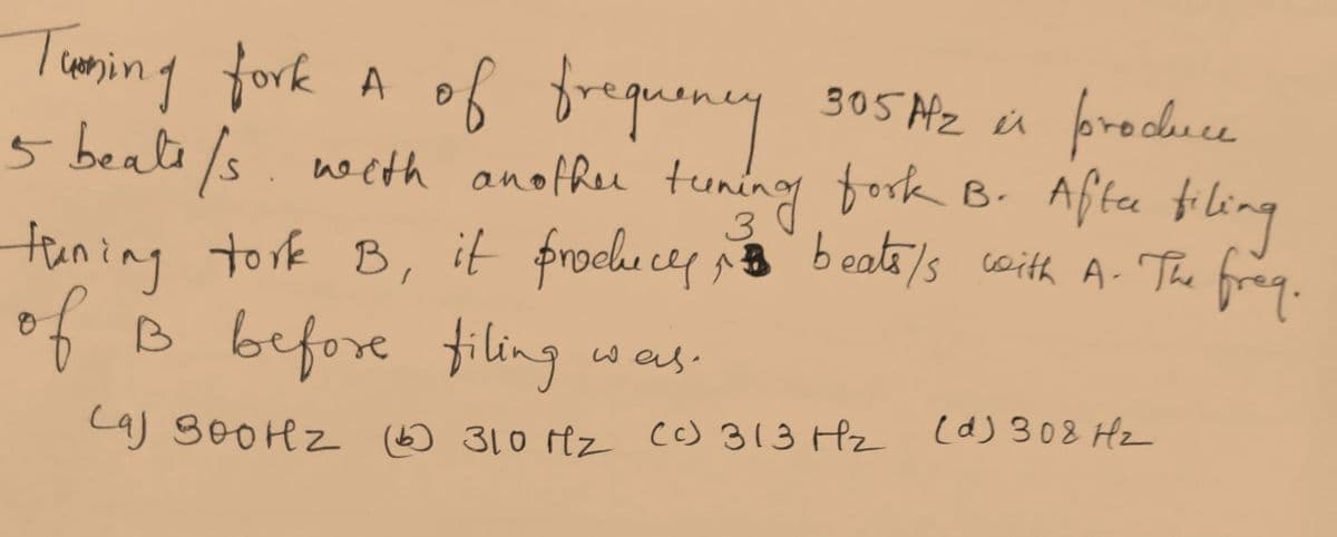 Tuming fork A of bepaeney
5 beale /s. ing
305 Afz is
froduce
weth anotheu tuni
fork B. Afte filing
3
boaoti's coith A- The freg.
tuningtork B, it froche cep
of B before filing
wes.
C4) BoOHz (6) 310 Hz cc) 313 Hz (d) 308 Hz
