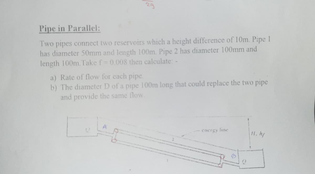 Pipe in Parallel:
Two pipes connect two reservoirs which a height difference of 10m. Pipe 1
has diameter 50mm and length 100m. Pipe 2 has diameter 100mm and
length 100m. Take f= 0.008 then calculate: -
a) Rate of flow for each pipe.
b) The diameter D of a pipe 100m long that could replace the two pipe
and provide the same flow.
energy line
H. h
