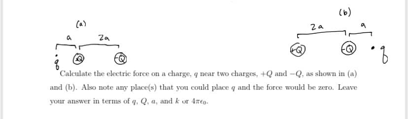 a
€
Za
2a
(b)
(Q)
(+Q)
FQ
Calculate the electric force on a charge, q near two charges, +Q and -Q, as shown in (a)
and (b). Also note any place(s) that you could place q and the force would be zero. Leave
your answer in terms of q, Q, a, and k or 47€0.
•q