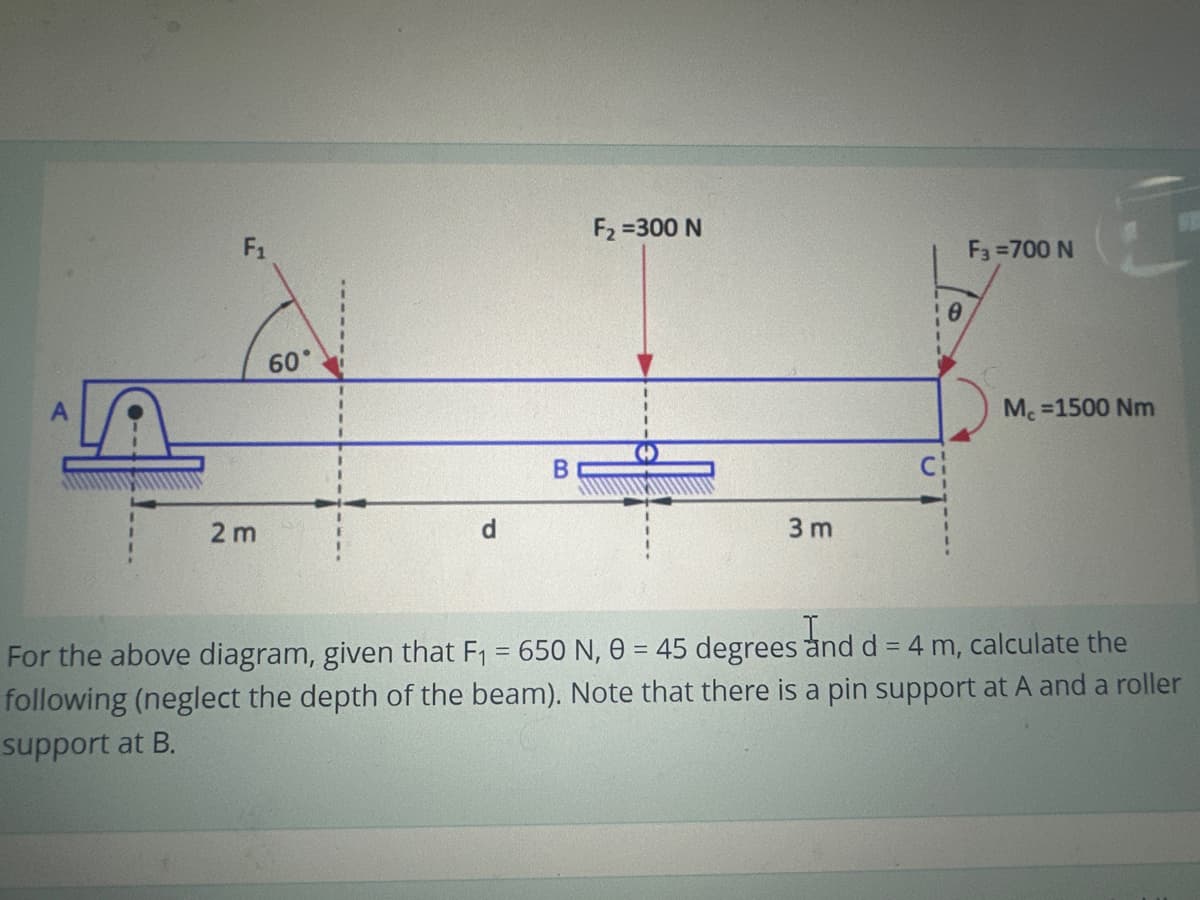 A
F₁
2m
60
d
B
F₂=300 N
3m
0
C₁
F3 =700 N
Mc =1500 Nm
For the above diagram, given that F₁ = 650 N, 0 = 45 degrees and d = 4 m, calculate the
following (neglect the depth of the beam). Note that there is a pin support at A and a roller
support at B.