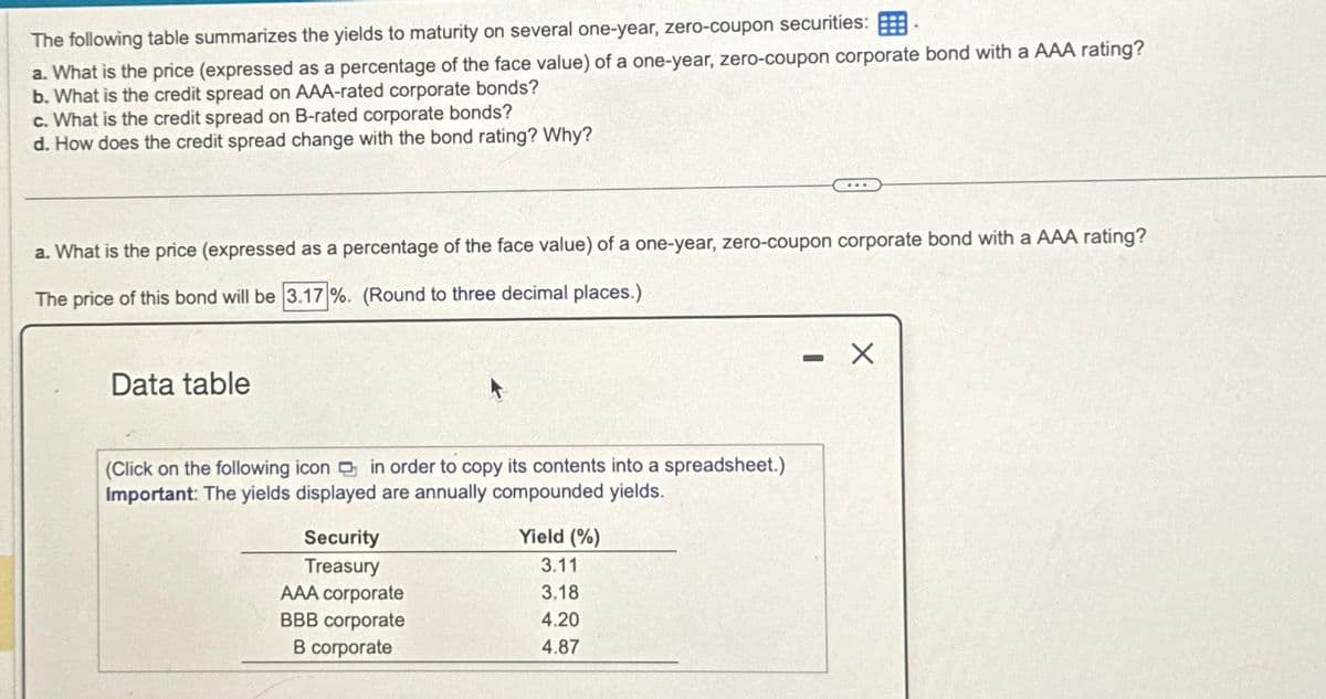 The following table summarizes the yields to maturity on several one-year, zero-coupon securities:
a. What is the price (expressed as a percentage of the face value) of a one-year, zero-coupon corporate bond with a AAA rating?
b. What is the credit spread on AAA-rated corporate bonds?
c. What is the credit spread on B-rated corporate bonds?
d. How does the credit spread change with the bond rating? Why?
a. What is the price (expressed as a percentage of the face value) of a one-year, zero-coupon corporate bond with a AAA rating?
The price of this bond will be 3.17 %. (Round to three decimal places.)
Data table
(Click on the following icon in order to copy its contents into a spreadsheet.)
Important: The yields displayed are annually compounded yields.
Security
Yield (%)
Treasury
3.11
AAA corporate
3.18
BBB corporate
4.20
B corporate
4.87
-