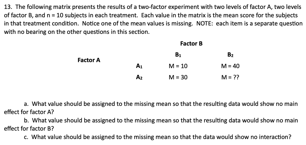 13. The following matrix presents the results of a two-factor experiment with two levels of factor A, two levels
of factor B, and n = 10 subjects in each treatment. Each value in the matrix is the mean score for the subjects
in that treatment condition. Notice one of the mean values is missing. NOTE: each item is a separate question
with no bearing on the other questions in this section.
Factor B
B1
B2
Factor A
A1
М- 10
M = 40
A2
M
= 30
M = ??
a. What value should be assigned to the missing mean so that the resulting data would show no main
effect for factor A?
b. What value should be assigned to the missing mean so that the resulting data would show no main
effect for factor B?
c. What value should be assigned to the missing mean so that the data would show no interaction?
