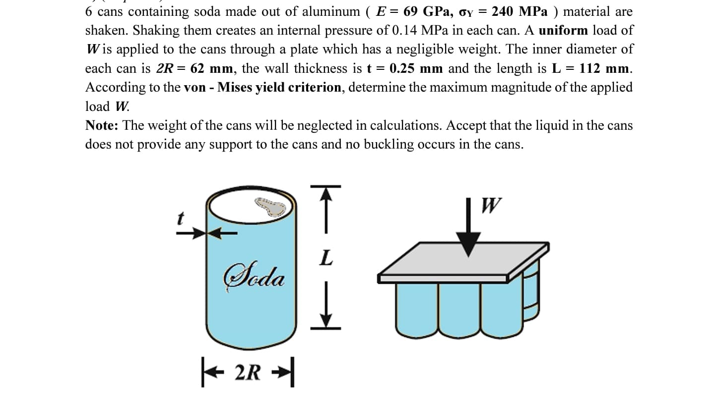 240 MPa ) material are
6 cans containing soda made out of aluminum ( E = 69 GPa, oy =
shaken. Shaking them creates an internal pressure of 0.14 MPa in each can. A uniform load of
W is applied to the cans through a plate which has a negligible weight. The inner diameter of
each can is 2R = 62 mm, the wall thickness is t = 0.25 mm and the length is L = 112 mm.
According to the von - Mises yield criterion, determine the maximum magnitude of the applied
%3D
load W.
Note: The weight of the cans will be neglected in calculations. Accept that the liquid in the cans
does not provide any support to the cans and no buckling occurs in the cans.
Seda
+ 2R →|
