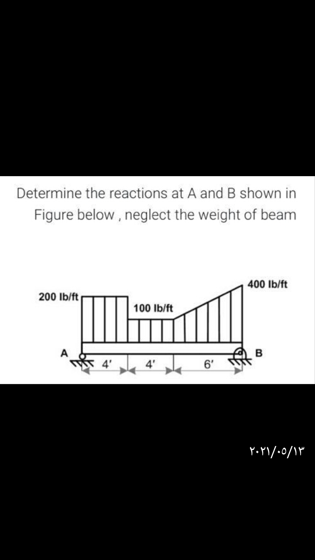 Determine the reactions at A and B shown in
Figure below , neglect the weight of beam
400 Ib/ft
200 Ib/ft
100 Ib/ft
A
4'
6'
