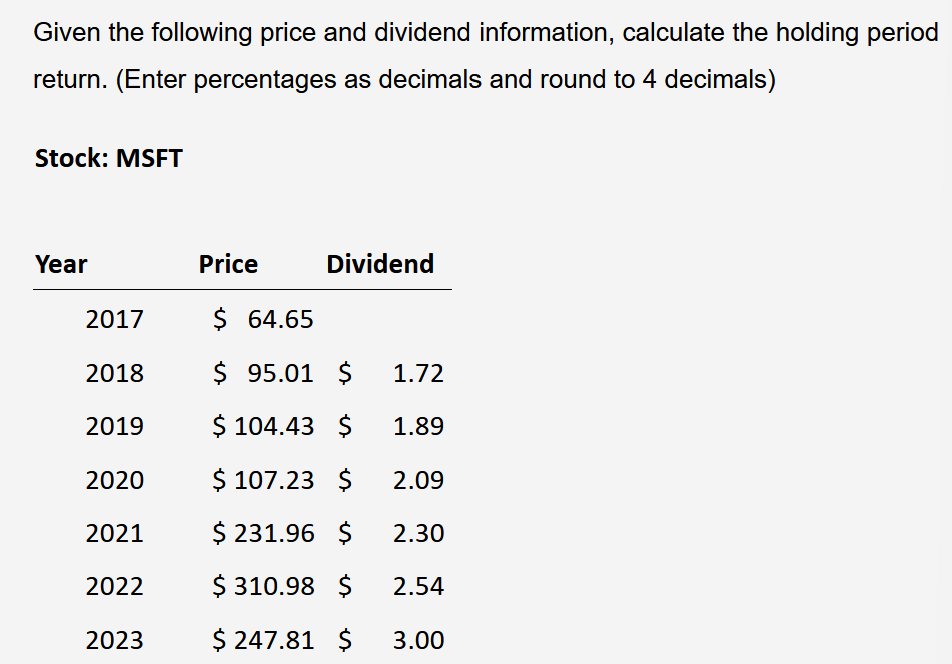 Given the following price and dividend information, calculate the holding period
return. (Enter percentages as decimals and round to 4 decimals)
Stock: MSFT
Year
Price
Dividend
2017
$ 64.65
2018
$ 95.01 $ 1.72
2019
$ 104.43 $ 1.89
2020
$ 107.23 $ 2.09
2021
$231.96 $ 2.30
2022
$310.98 $ 2.54
2023
$247.81 $ 3.00
