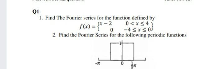 Q1:
1. Find The Fourier series for the function defined by
0 < x< 4 )
-4 sxs 0s
f(x)
sx - 2
2. Find the Fourier Series for the following periodic functions
