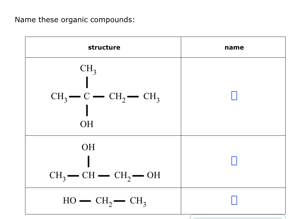 Name these organic compounds:
structure
CH3
1
CH₂-C
|
OH
OH
I
CH3 - CH
-
НО.
CH₂ CH3
▬
CH₂
-
-
CH₂ CH3
OH
name
0
0