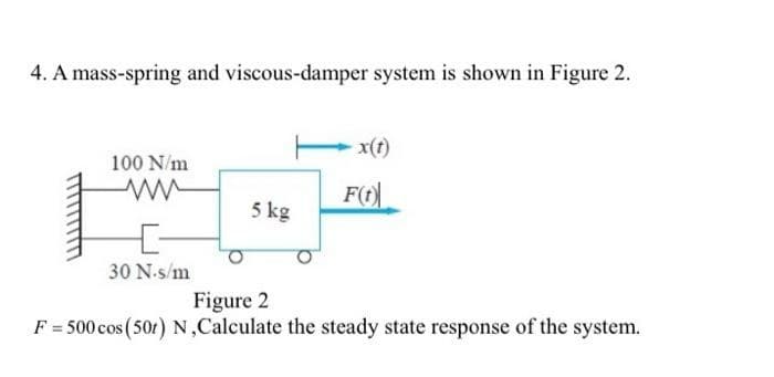 4. A mass-spring and viscous-damper system is shown in Figure 2.
x(t)
100 N/m
ww
FO
5 kg
30 N.s/m
Figure 2
F = 500 cos (501) N,Calculate the steady state response of the system.
