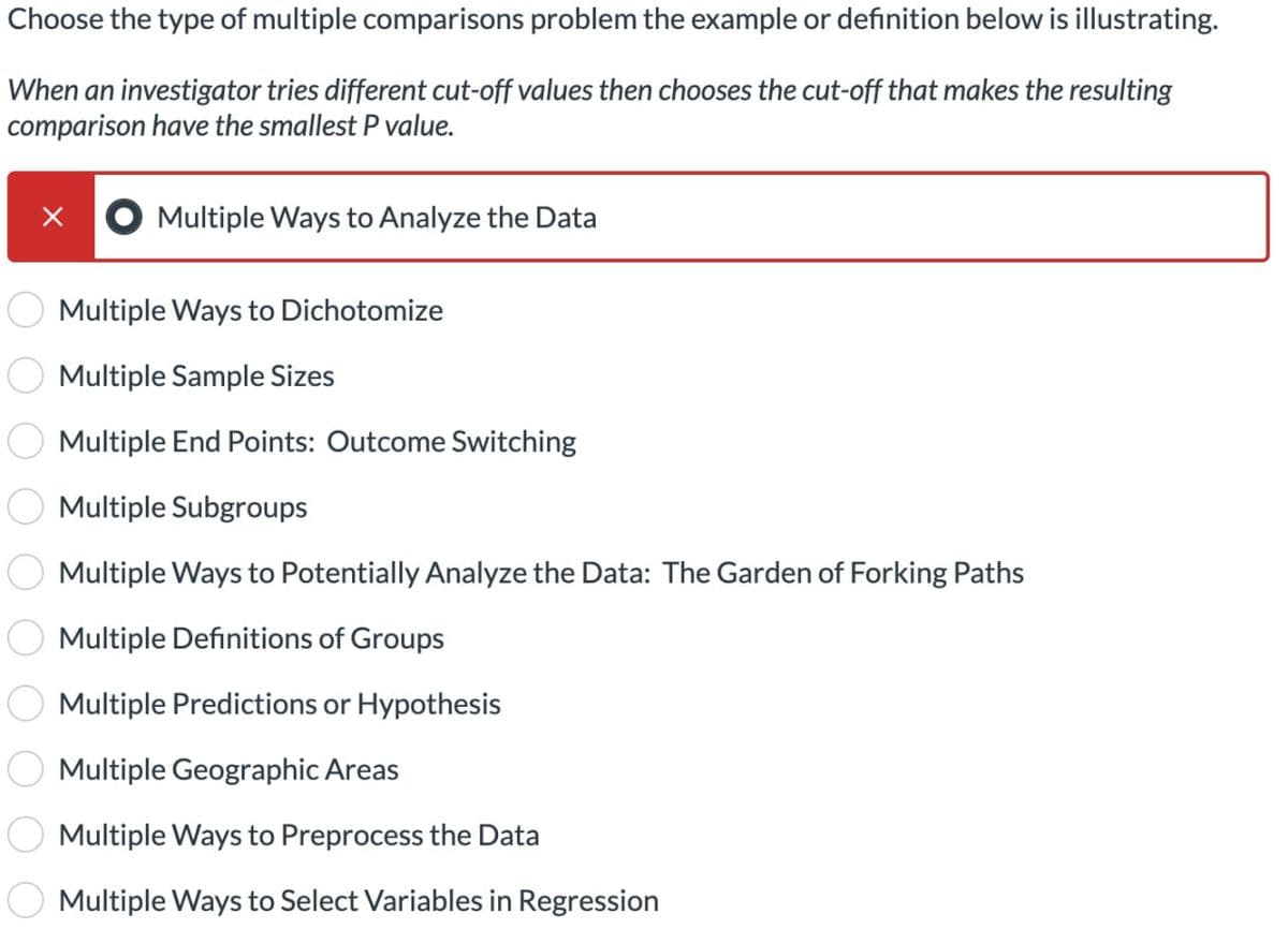 Choose the type of multiple comparisons problem the example or definition below is illustrating.
When an investigator tries different cut-off values then chooses the cut-off that makes the resulting
comparison have the smallest P value.
☑
Multiple Ways to Analyze the Data
Multiple Ways to Dichotomize
Multiple Sample Sizes
Multiple End Points: Outcome Switching
Multiple Subgroups
Multiple Ways to Potentially Analyze the Data: The Garden of Forking Paths
Multiple Definitions of Groups
Multiple Predictions or Hypothesis
Multiple Geographic Areas
Multiple Ways to Preprocess the Data
Multiple Ways to Select Variables in Regression