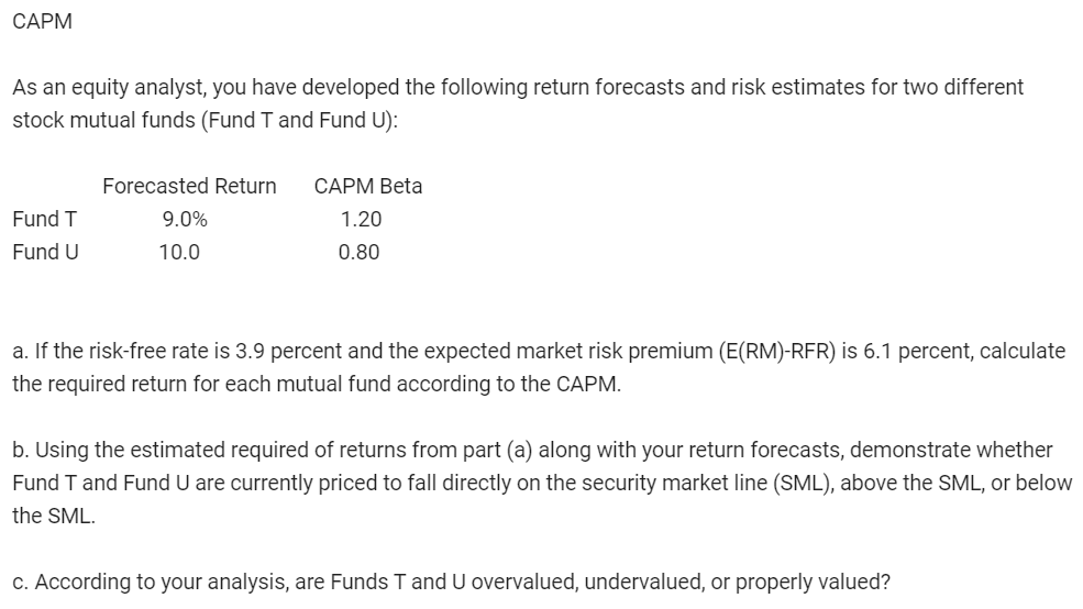 CAPM
As an equity analyst, you have developed the following return forecasts and risk estimates for two different
stock mutual funds (Fund T and Fund U):
Fund T
Fund U
Forecasted Return CAPM Beta
1.20
0.80
9.0%
10.0
a. If the risk-free rate is 3.9 percent and the expected market risk premium (E(RM)-RFR) is 6.1 percent, calculate
the required return for each mutual fund according to the CAPM.
b. Using the estimated required of returns from part (a) along with your return forecasts, demonstrate whether
Fund T and Fund U are currently priced to fall directly on the security market line (SML), above the SML, or below
the SML.
c. According to your analysis, are Funds T and U overvalued, undervalued, or properly valued?