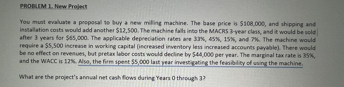 PROBLEM 1. New Project
You must evaluate a proposal to buy a new milling machine. The base price is $108,000, and shipping and
installation costs would add another $12,500. The machine falls into the MACRS 3-year class, and it would be sold
after 3 years for $65,000. The applicable depreciation rates are 33%, 45%, 15%, and 7%. The machine would
require a $5,500 increase in working capital (increased inventory less increased accounts payable). There would
be no effect on revenues, but pretax labor costs would decline by $44,000 per year. The marginal tax rate is 35%,
and the WACC is 12%. Also, the firm spent $5,000 last year investigating the feasibility of using the machine.
What are the project's annual net cash flows during Years 0 through 3?