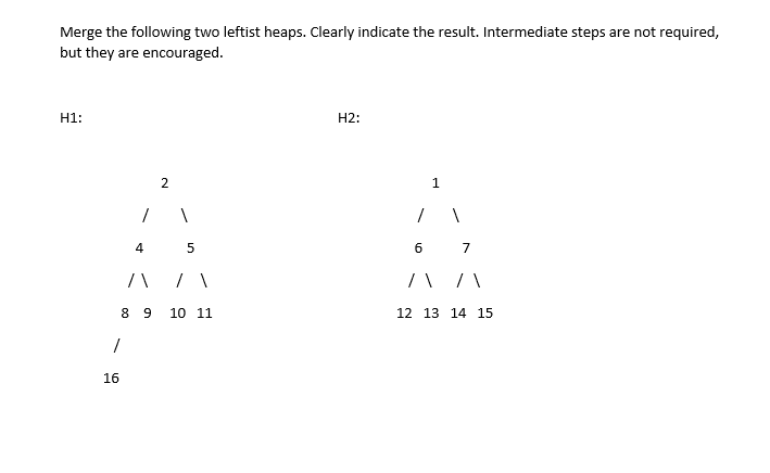 Merge the following two leftist heaps. Clearly indicate the result. Intermediate steps are not required,
but they are encouraged.
H1:
Н2:
2
1
4
5
6 7
8 9
10 11
12 13 14 15
16
