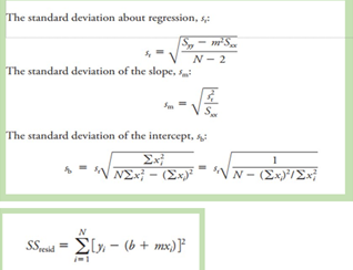 The standard deviation about regression,
-
N-2
The standard deviation of the slope.
E
The standard deviation of the intercept,
| Nax - (Σκ)
N
SSesid=[-(b + mx)]²
·Ž[x-
m-Sax
1
N - (Σx)/Σx