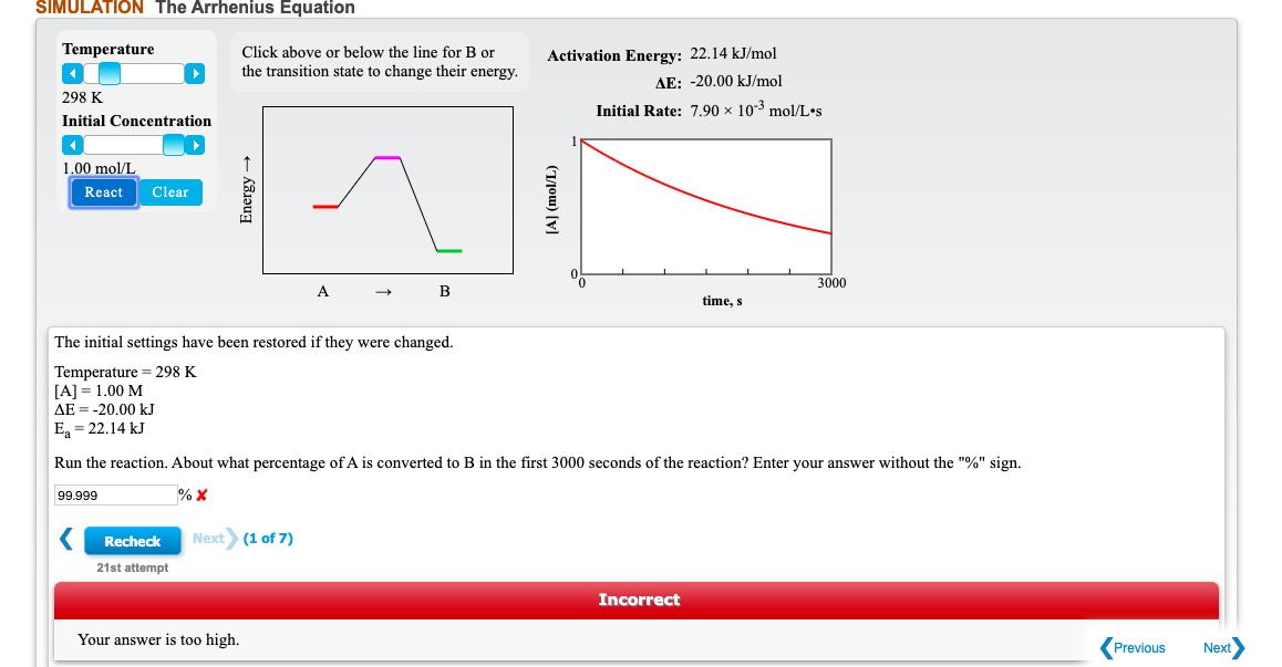 SIMULATION The Arrhenius Equation
Temperature
298 K
Initial Concentration
1.00 mol/L
React Clear
Click above or below the line for B or
the transition state to change their energy.
Recheck
21st attempt
Energy →
Next (1 of 7)
B
Your answer is too high.
Activation Energy: 22.14 kJ/mol
AE: -20.00 kJ/mol
Initial Rate: 7.90 × 10-³ mol/L.s
[A] (mol/L)
The initial settings have been restored if they were changed.
Temperature = 298 K
[A] = 1.00 M
AE = -20.00 kJ
E₁=22.14 kJ
Run the reaction. About what percentage of A is converted to B in the first 3000 seconds of the reaction? Enter your answer without the "%" sign.
99.999
% X
time, s
Incorrect
3000
Previous
Next>