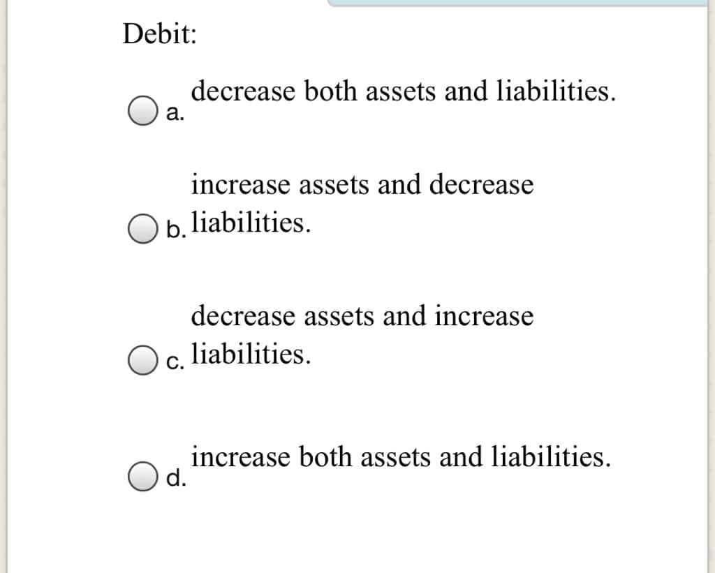 Debit:
decrease both assets and liabilities.
a.
increase assets and decrease
b. liabilities.
decrease assets and increase
Oc. liabilities.
С.
increase both assets and liabilities.
Od.

