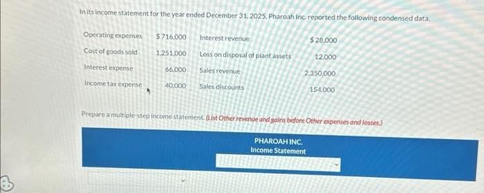 In its income statement for the year ended December 31, 2025, Pharoah Inc. reported the following condensed data.
Operating expenses
Cost of goods sold
Interest expense
Income tax expense
4
$716.000
1,251,000
66,000
40,000
Interest revenue
Loss on disposal of plant assets
Sales revenue
Sales discounts
$28,000
12,000
2,350,000
154.000
Prepare a multiple-step income statement. (List Other revenue and gains before Other expenses and losses.)
PHAROAH INC.
Income Statement