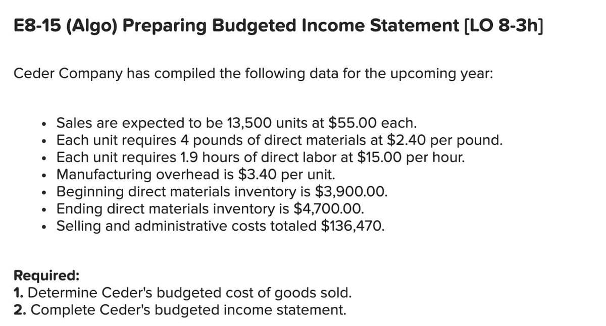 E8-15 (Algo) Preparing Budgeted Income Statement [LO 8-3h]
Ceder Company has compiled the following data for the upcoming year:
●
●
●
●
Sales are expected to be 13,500 units at $55.00 each.
Each unit requires 4 pounds of direct materials at $2.40 per pound.
Each unit requires 1.9 hours of direct labor at $15.00 per hour.
Manufacturing overhead is $3.40 per unit.
Beginning direct materials inventory is $3,900.00.
Ending direct materials inventory is $4,700.00.
Selling and administrative costs totaled $136,470.
Required:
1. Determine Ceder's budgeted cost of goods sold.
2. Complete Ceder's budgeted income statement.
