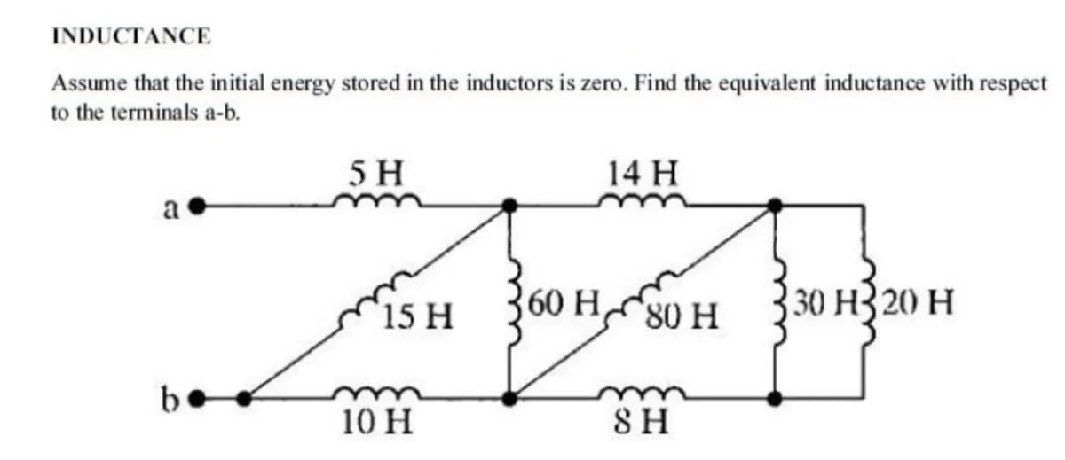 INDUCTANCE
Assume that the initial energy stored in the inductors is zero. Find the equivalent inductance with respect
to the terminals a-b.
5 H
14 H
a
30 H 20 H
b
15 H
10 H
60 H
80 H
SH