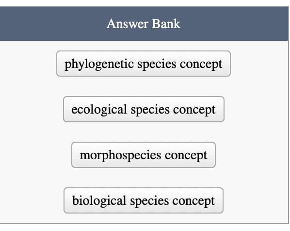 Answer Bank
phylogenetic species concept
ecological species concept
morphospecies concept
biological species concept