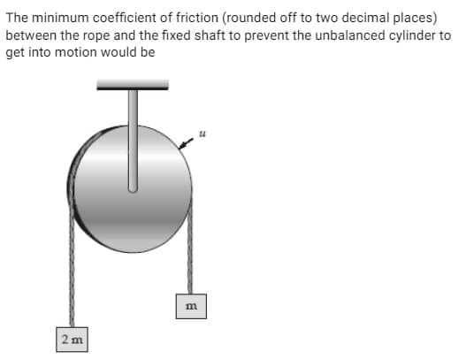 The minimum coefficient of friction (rounded off to two decimal places)
between the rope and the fixed shaft to prevent the unbalanced cylinder to
get into motion would be
2 m
m