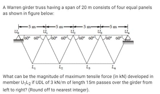 A Warren girder truss having a span of 20 m consists of four equal panels
as shown in figure below:
U₁
-5m 5m 5m 5m
U₁
U₂
U3
60° 60° 60° 60° W 60° 60° 60° 60°
4₁
12
L3
L₁
U₁
What can be the magnitude of maximum tensile force (in kN) developed in
member U₁L2 if UDL of 3 kN/m of length 15m passes over the girder from
left to right? (Round off to nearest integer).