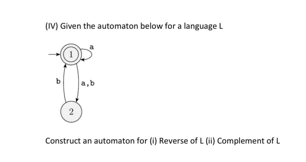 (IV) Given the automaton below for a language L
a
b a,b
2
Construct an automaton for (i) Reverse of L (ii) Complement of L