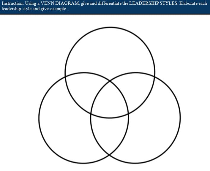 Instruction: Using a VENN DIAGRAM, give and differentiate the LEADERSHIP STYLES. Elaborate each
leadership style and give example.