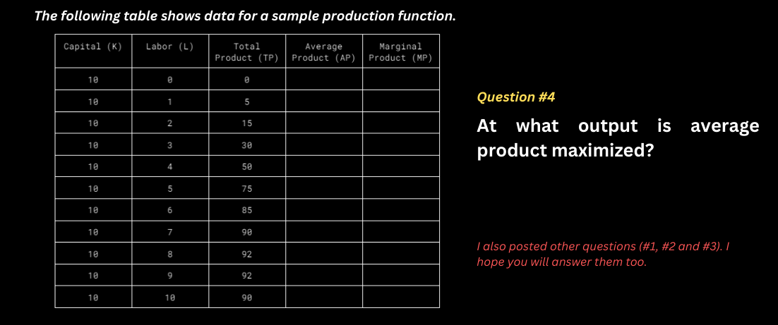 The following table shows data for a sample production function.
Average
Total
Marginal
Product (TP) Product (AP) Product (MP)
Capital (K) Labor (L)
10
10
10
18
10
10
10
10
10
10
10
8
1
2
3
4
5
6
7
8
9
10
0
5
15
30
50
75
85
90
92
92
98
Question #4
At what output is
is average
product maximized?
I also posted other questions (#1, #2 and #3). I
hope you will answer them too.