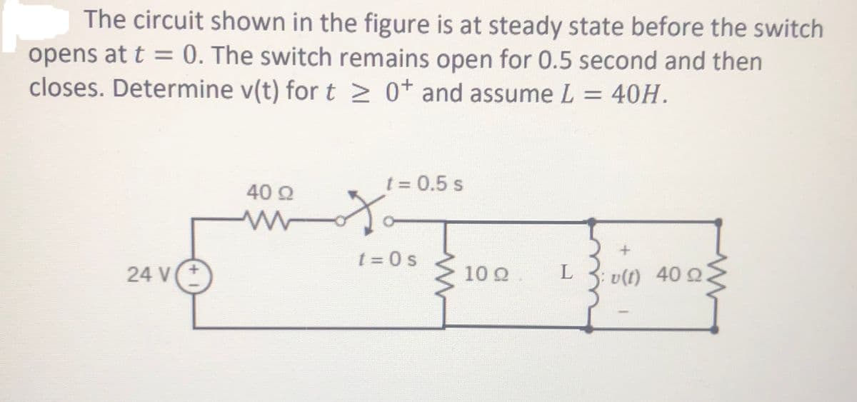 The circuit shown in the figure is at steady state before the switch
opens at t = 0. The switch remains open for 0.5 second and then
closes. Determine v(t) for t 2 0t and assume L = 40H.
40 2
t = 0.5 s
t = 0 s
24 V*
10 Q
L 3: v(t) 40 Q
