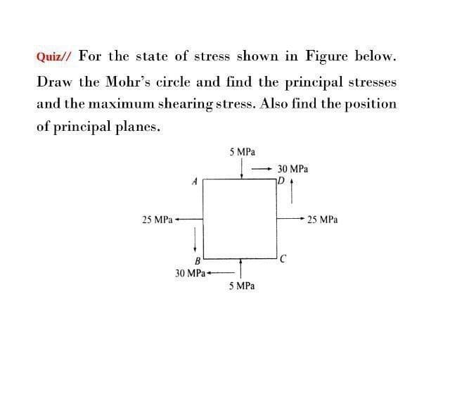 Quiz// For the state of stress shown in Figure below.
Draw the Mohr's circle and find the principal stresses
and the maximum shearing stress. Also find the position
of principal planes.
5 MPa
30 MPa
D
25 MPa
25 MPa
B
30 MPa-
5 MPa
