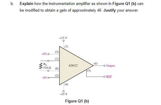 b. Explain how the instrumentation amplifier as shown in Figure Q1 (b) can
be modified to obtain a gain of approximately 46. Justify your answer.
+15 V
(7)
(3)
+IN O
(1)
(6)
RG
510n
AD622
o Output
(8)
(5)
(2)
O REF
-IN O
(4)
-15 V
Figure Q1 (b)
