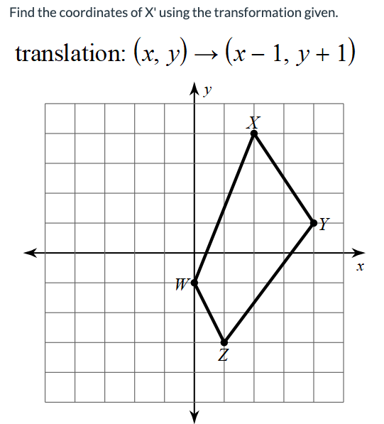 Find the coordinates of X' using the transformation given.
translation: (x, y) → (x-1, y + 1)
W
Z
X
Y
X