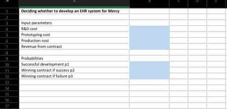 Deciding whether to develop an EHR system for Mercy
3
Input parameters
R&D cost
Protatyping cost
6
Production cost
7
Revenue from contract
9
Probabilities
10
Successful development pl
Winning contract if success p2
Winning contract if failure p3
11
12
13
14
15
16
17

