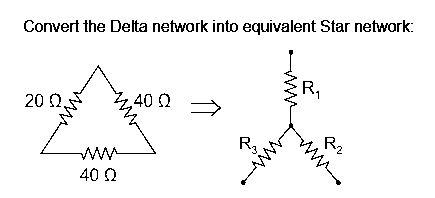 Convert the Delta network into equivalent Star network:
R,
40 0
20 0.
Rz
ww
40 0
ww-
ww
ww-
ww
