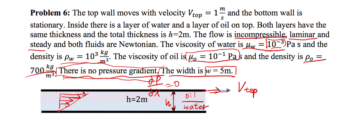 m
Problem 6: The top wall moves with velocity Vtop
= 1
S
and the bottom wall is
stationary. Inside there is a layer of water and a layer of oil on top. Both layers have the
same thickness and the total thickness is h=2m. The flow is incompressible, laminar and
steady and both fluids are Newtonian. The viscosity of water is uw =|10-3)Pa s and the
density is Pw
103 Kg. The viscosity of oil is He
10-1 Pas and the density is Po
3°
kg
tit
700-
{There is no pressure gradient./The width is w= 5m.
m3
Veap
h=2m
water
