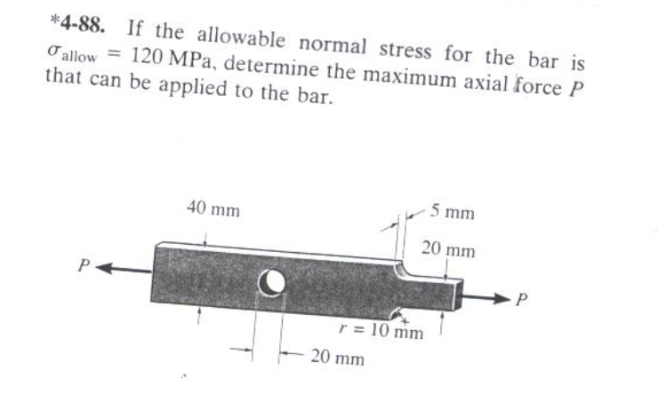 *4-88. If the allowable normal stress for the bar is
O allow = 120 MPa, determine the maximum axial force P
that can be applied to the bar.
%3D
5 mm
40 mm
20 mm
P-
r = 10 mm
20 mm
