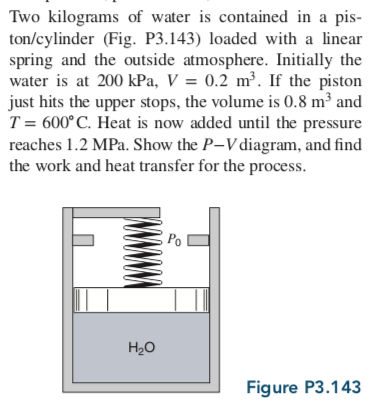 Two kilograms of water is contained in a pis-
ton/cylinder (Fig. P3.143) loaded with a linear
spring and the outside atmosphere. Initially the
water is at 200 kPa, V = 0.2 m³. If the piston
just hits the upper stops, the volume is 0.8 m³ and
T = 600°C. Heat is now added until the pressure
reaches 1.2 MPa. Show the P-V diagram, and find
the work and heat transfer for the process.
Ро
H20
Figure P3.143
