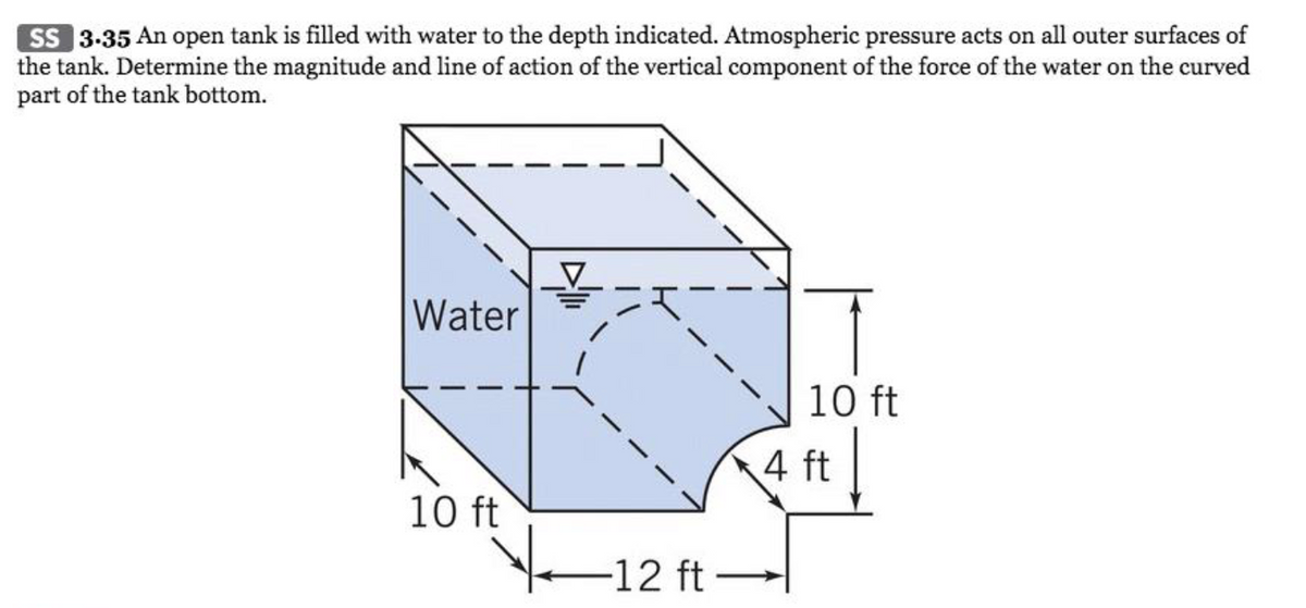 SS 3-35 An open tank is filled with water to the depth indicated. Atmospheric pressure acts on all outer surfaces of
the tank. Determine the magnitude and line of action of the vertical component of the force of the water on the curved
part of the tank bottom.
Water
10 ft
4 ft
10 ft
-12 ft-

