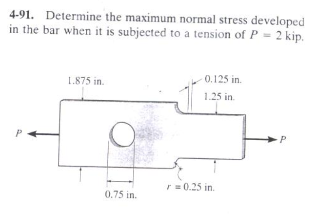 4-91. Determine the maximum normal stress developed
in the bar when it is subjected to a tension of P =
2 kip.
0.125 in.
1.875 in.
1.25 in.
P
r = 0.25 in.
0.75 in.
