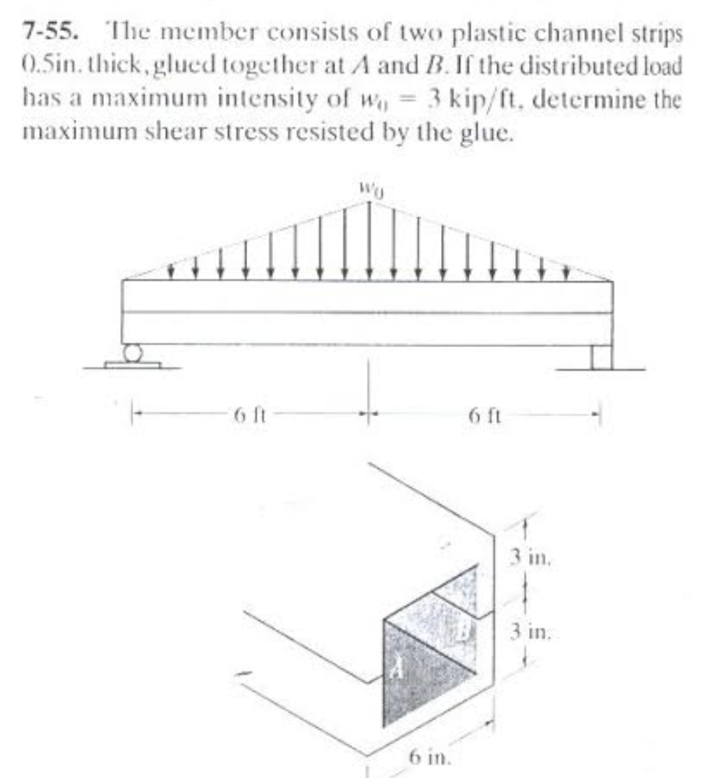 7-55. The member consists of two plastic channel strips
0.5in. thick, glued together at A and B. If the distributed load
has a maximum intensity of w 3 kip/ft, determine the
maximum shear stress resisted by the glue.
6 ft
6 ft
3 in.
3 in.
6 in.
