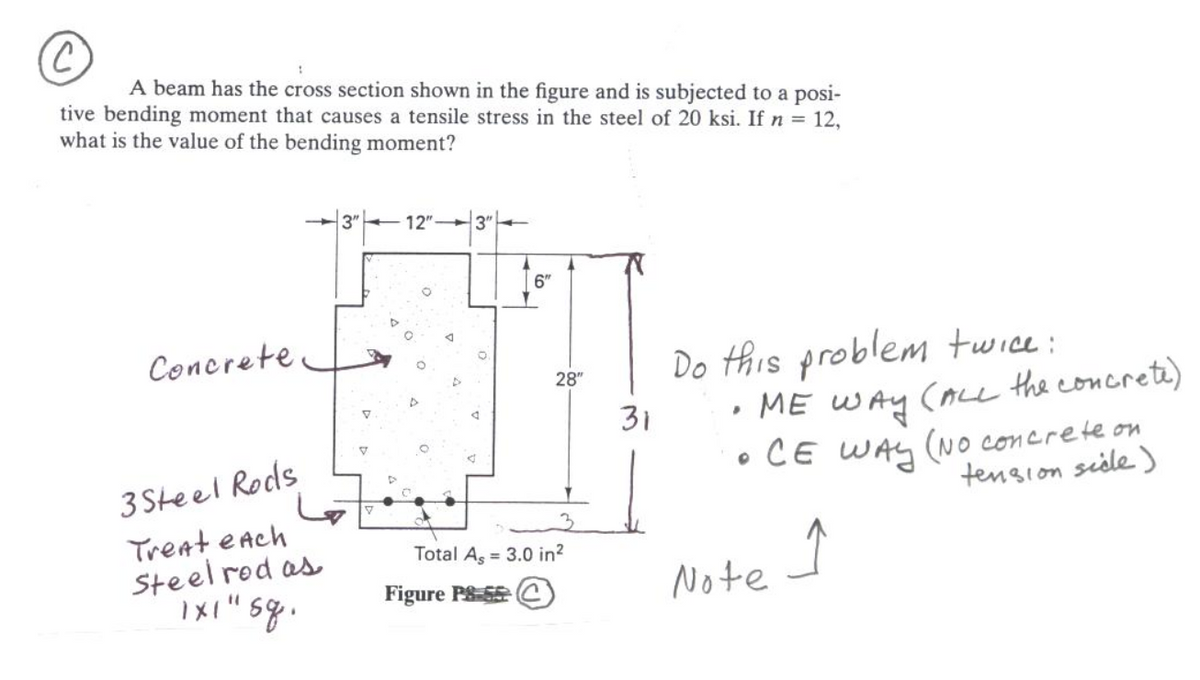 A beam has the cross section shown in the figure and is subjected to a posi-
tive bending moment that causes a tensile stress in the steel of 20 ksi. If n = 12,
what is the value of the bending moment?
3"
12" 3"
6"
Concrete
Do this problem twice:
• ME WAy (ce the concrete)
• CE WAY (No concrete on
28"
31
3 Steel Rods
tengion sisle )
Treat eAch
Steel rod as
Total A, = 3.0 in?
Figure P&
Note
